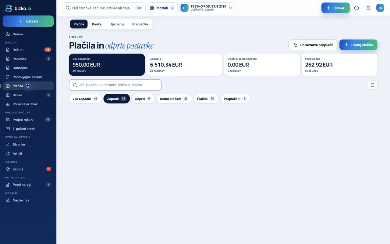 Plačila in odprte postavke v novem vmesniku Bizko; demonstracijski podatki
