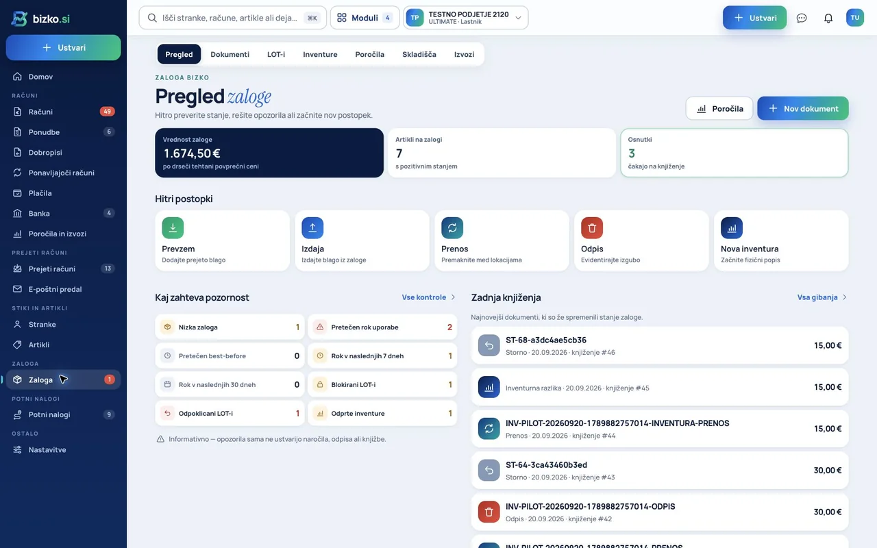 Pregled zaloge v novem vmesniku Bizko; demonstracijski podatki