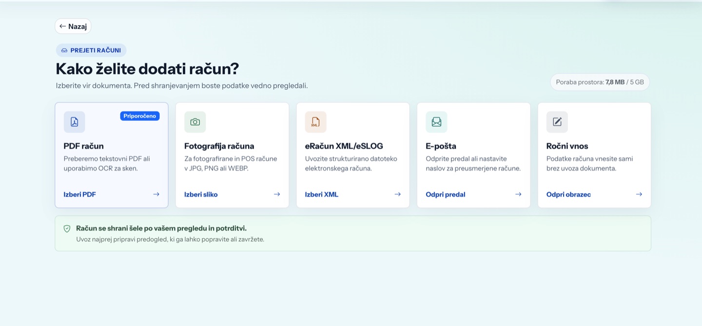 Izbira načina vnosa prejetega računa v Bizku