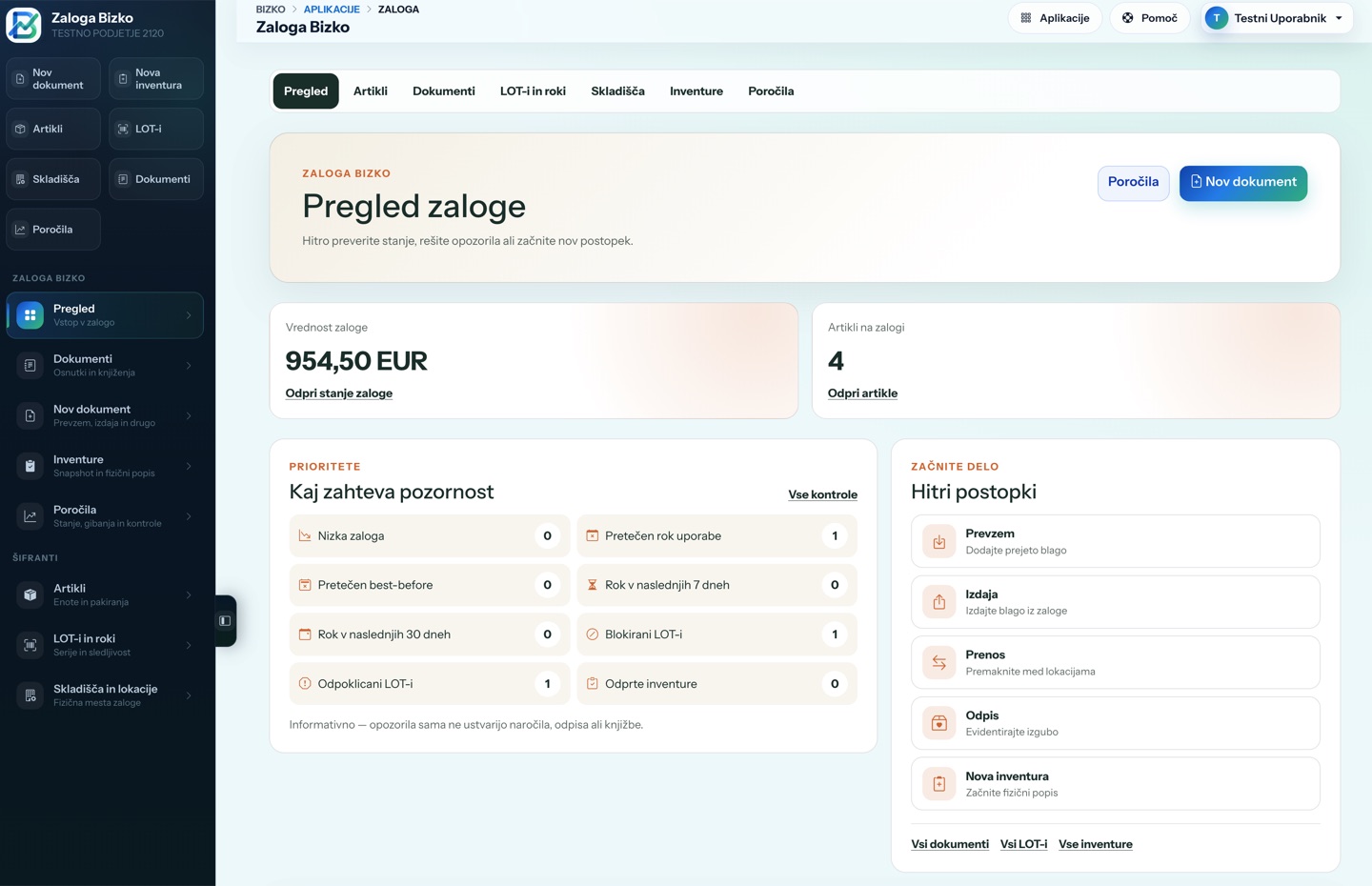 Pregled zaloge v modulu Zaloga Bizko
