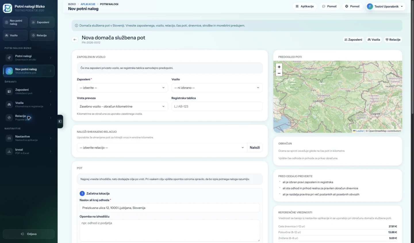 Priprava potnega naloga v aplikaciji Bizko; testni podatki