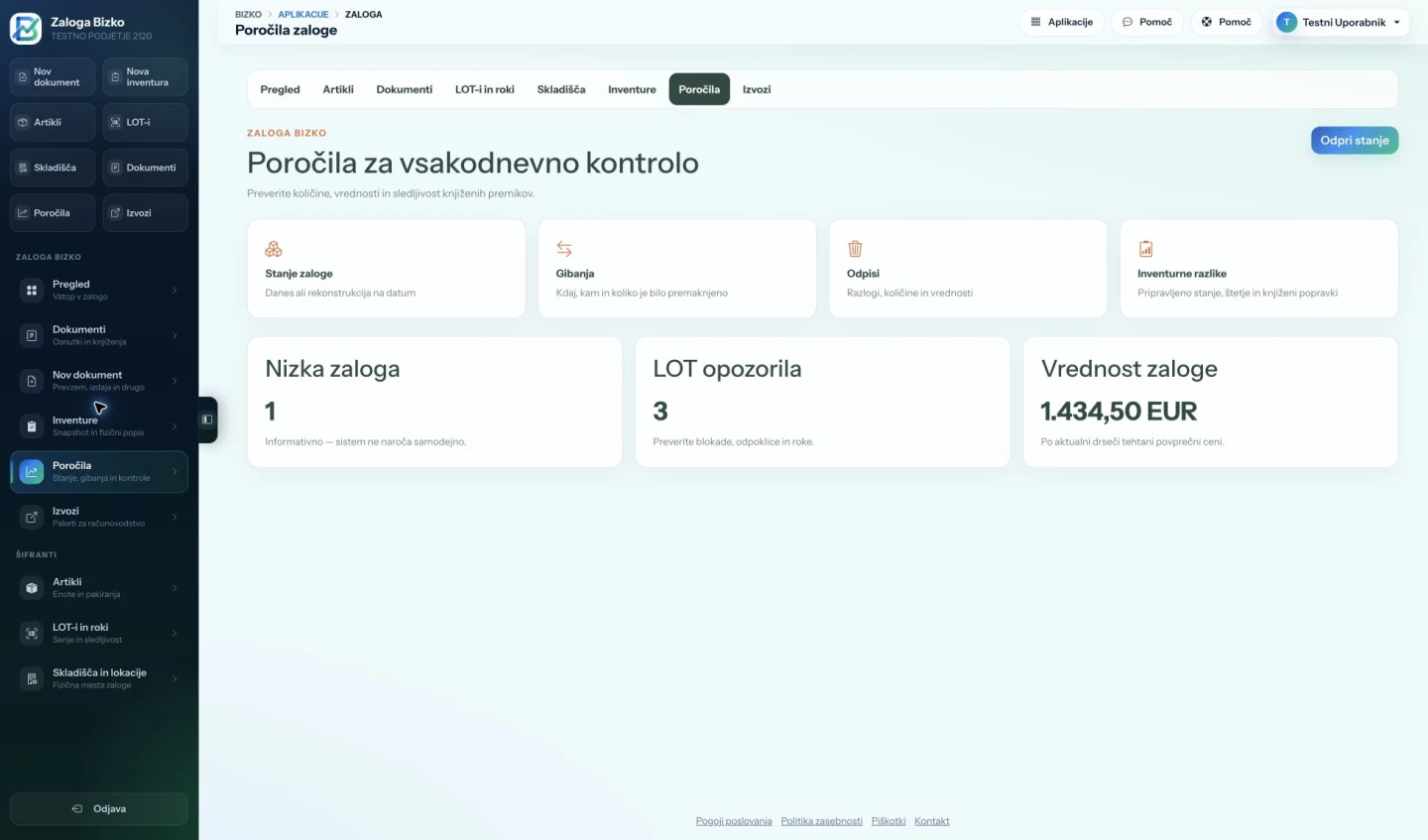 Poročila zaloge v aplikaciji Bizko; testni podatki