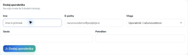 Resnični obrazec Bizko Dodaj uporabnika: ime, e-pošta, vloga, geslo in potrditev; demonstracijski račun